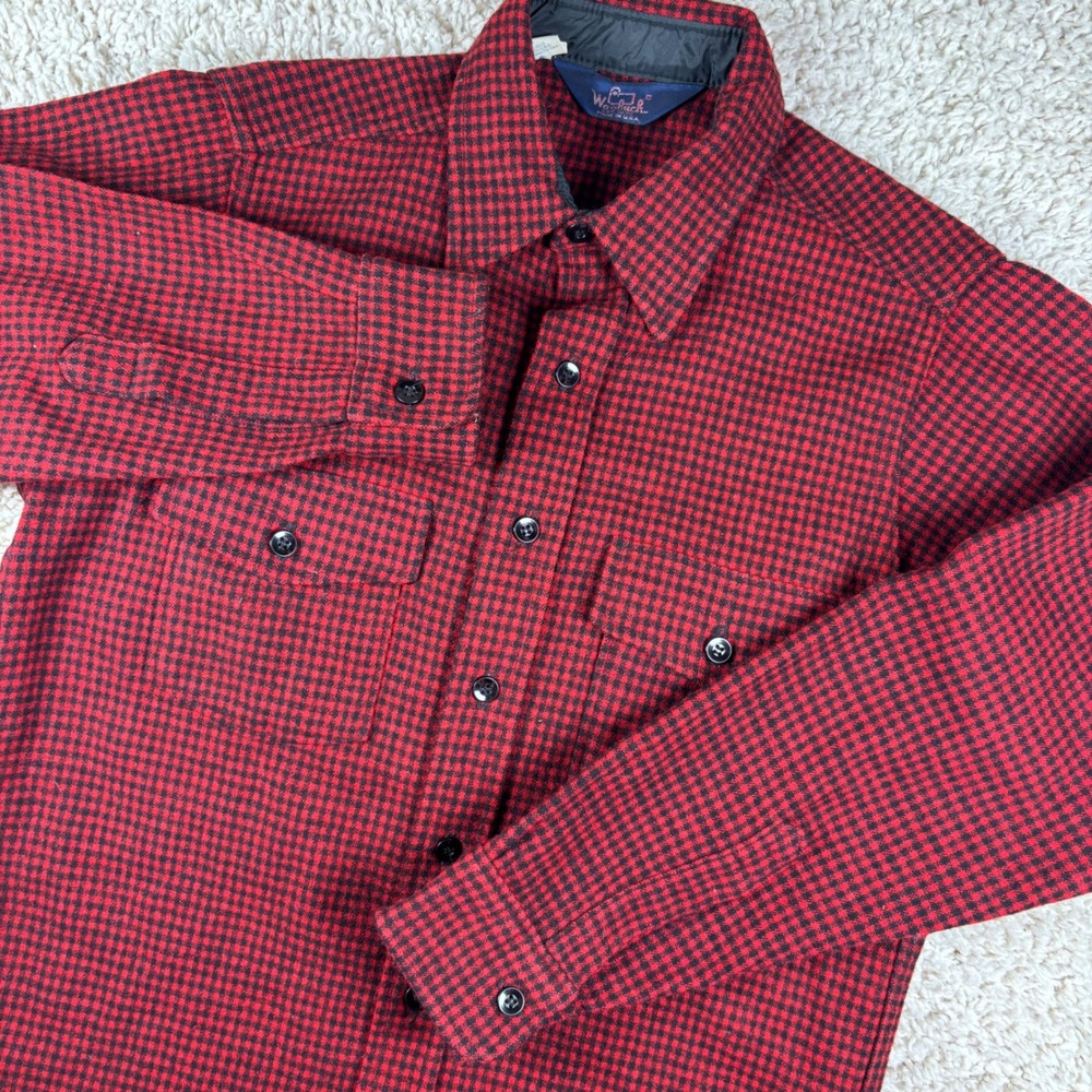 Vintage Woolrich Mens Shirt M Red Black Plaid Flannel Wool Blend USA Made‎ Cabin